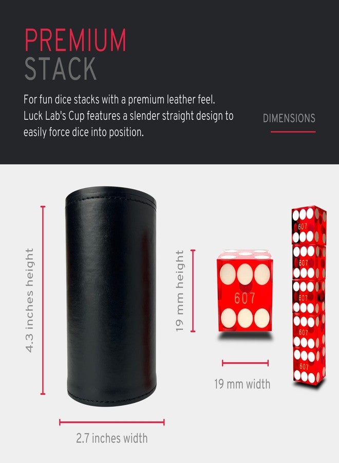 Luck Lab كوب تكديس النرد من الجلد الأسود من لاك لاب مع 5 قطع نرد كازينو مرقمة بسلسلة وحواف حادة مقاس 19 مم - كوب احترافي مستقيم للتكديس والخدع السحرية (نرد أحمر) - Image 5